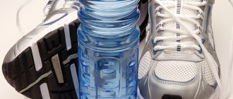 athletic shoes with water bottle