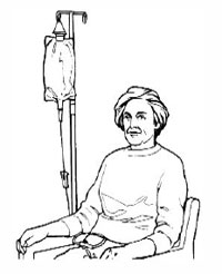 This illustrates using an IV pole to hang the food bag during tube feedings.