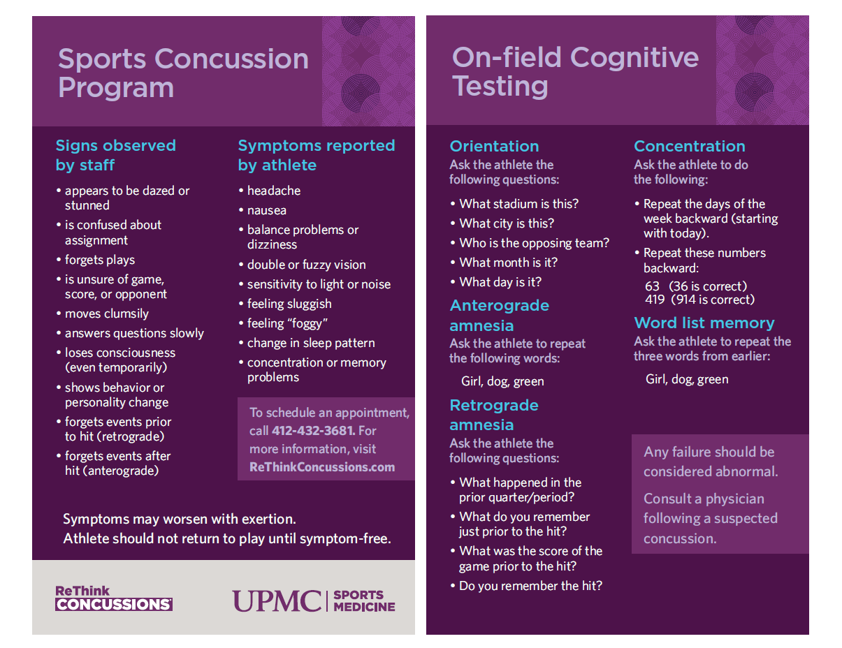 Sports Concussion Program Sideline Card